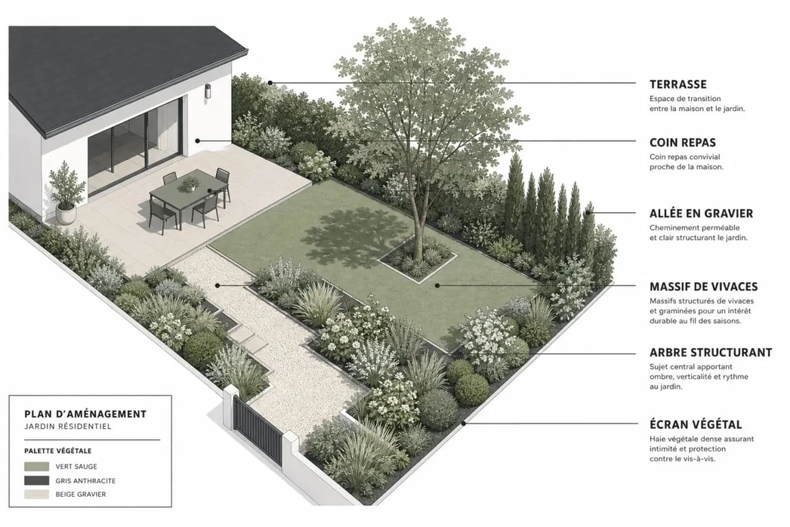 Jardin idées aménagement avec terrasse, allée et massifs structurés