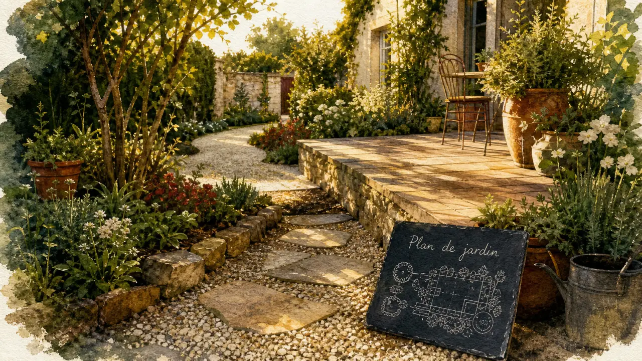 Jardin idées aménagement : bordures structurées, terrasse et allée courbe
