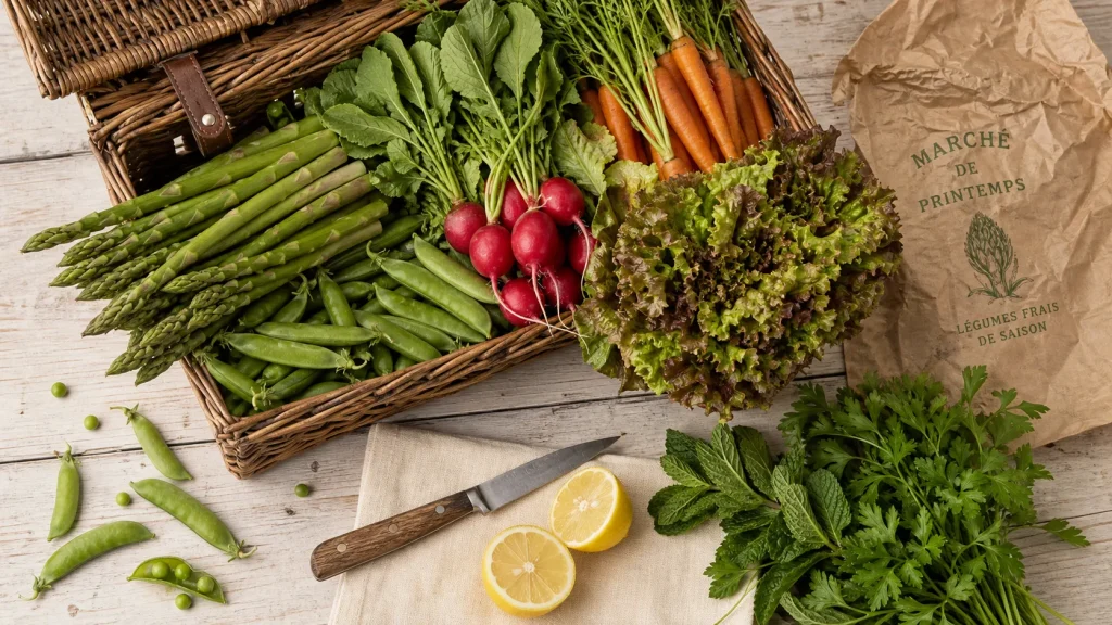 Legume mai : assortiment de légumes de saison (asperges, petits pois, radis, carottes)