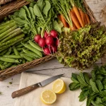 Legume mai : assortiment de légumes de saison (asperges, petits pois, radis, carottes)