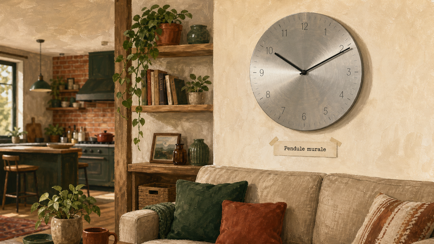 Pendule murale moderne dans un salon, acier brossé