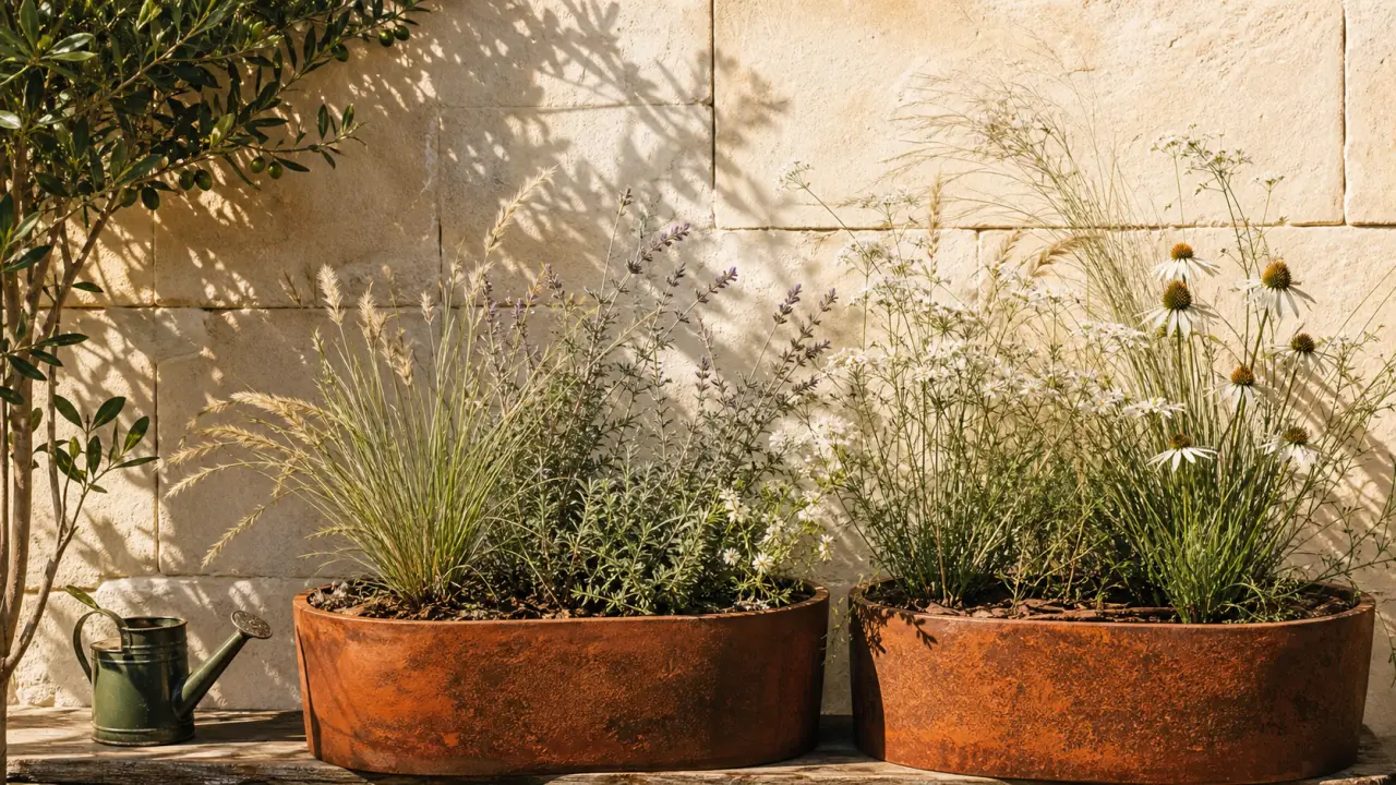 Plante soleil en plein sud : vivaces et graminées en pot sur balcon