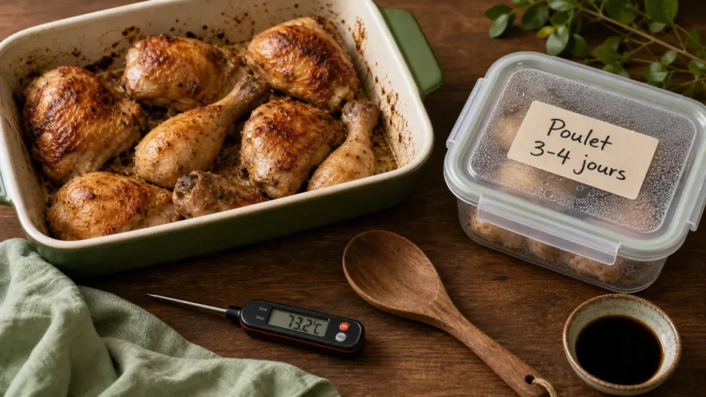 Poulet cuit au frigo combien de temps : 3 à 4 jours, boîte hermétique