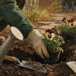 Quand planter des pensées : main plante des pensées en godets au jardin