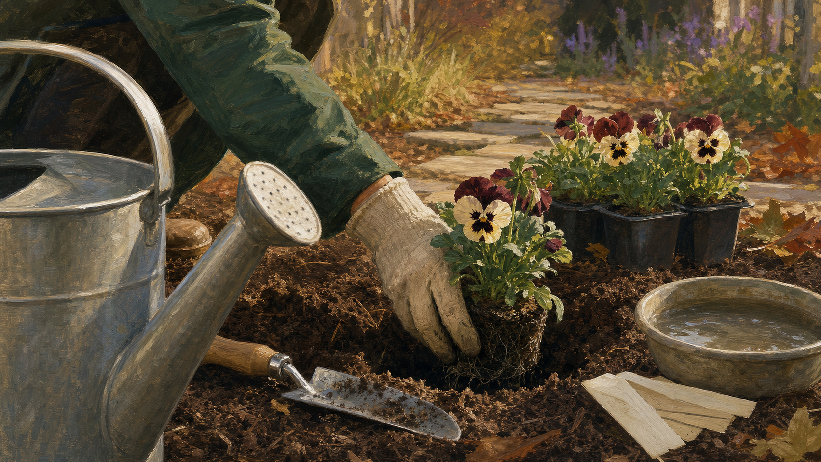 Quand planter des pensées : main plante des pensées en godets au jardin