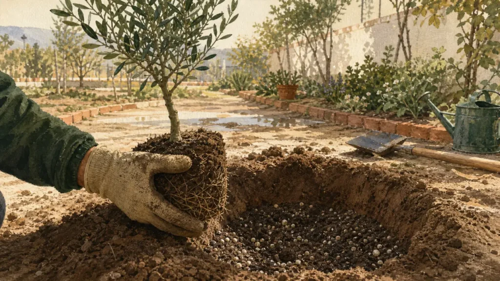 Quand planter olivier : main plante la motte d’un jeune olivier