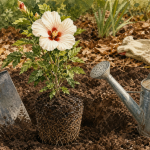 Quand planter un hibiscus en pleine terre : jeune hibiscus en motte, bêche et arrosoir