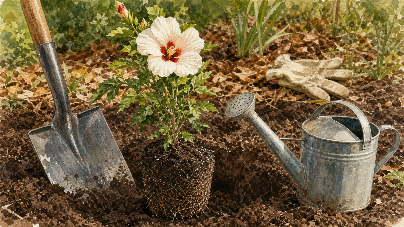 Quand planter un hibiscus en pleine terre : jeune hibiscus en motte, bêche et arrosoir