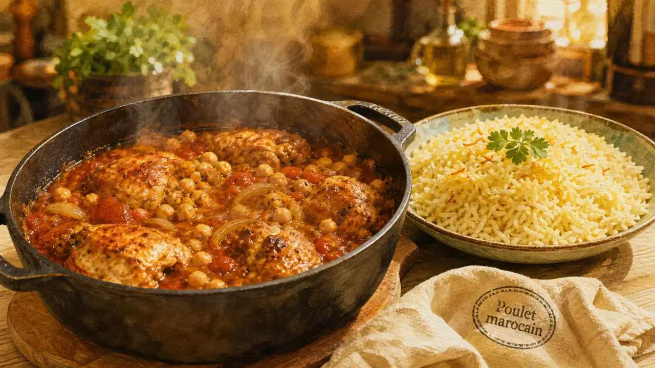 Recette au poulet marocain : poulet mijoté et riz safrané