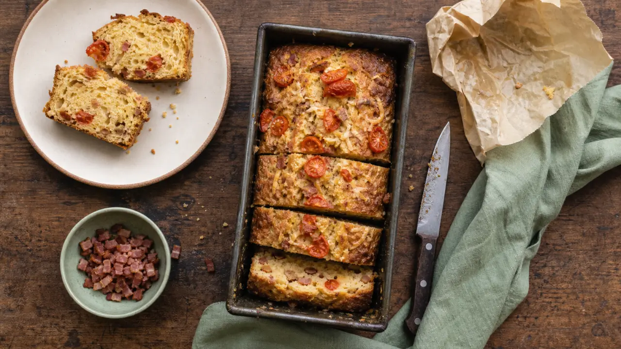 Recette sale cake salé rapide, tranches sur table en bois