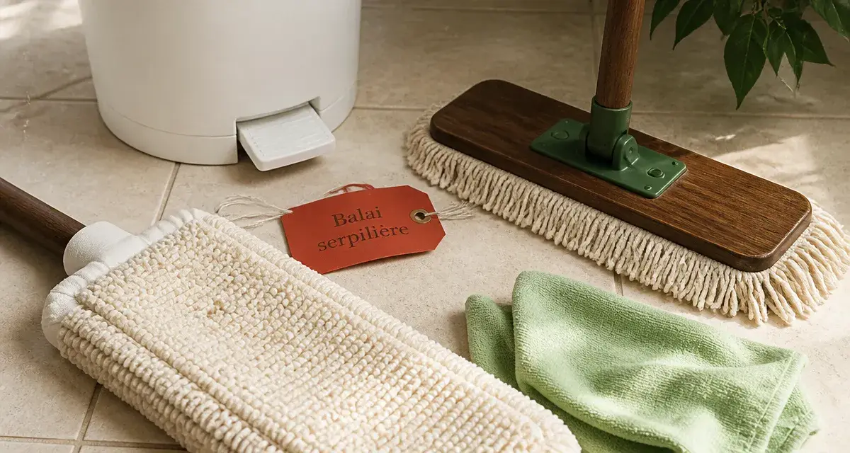 Balai serpillère et serpillère microfibre sur sol carrelage clair