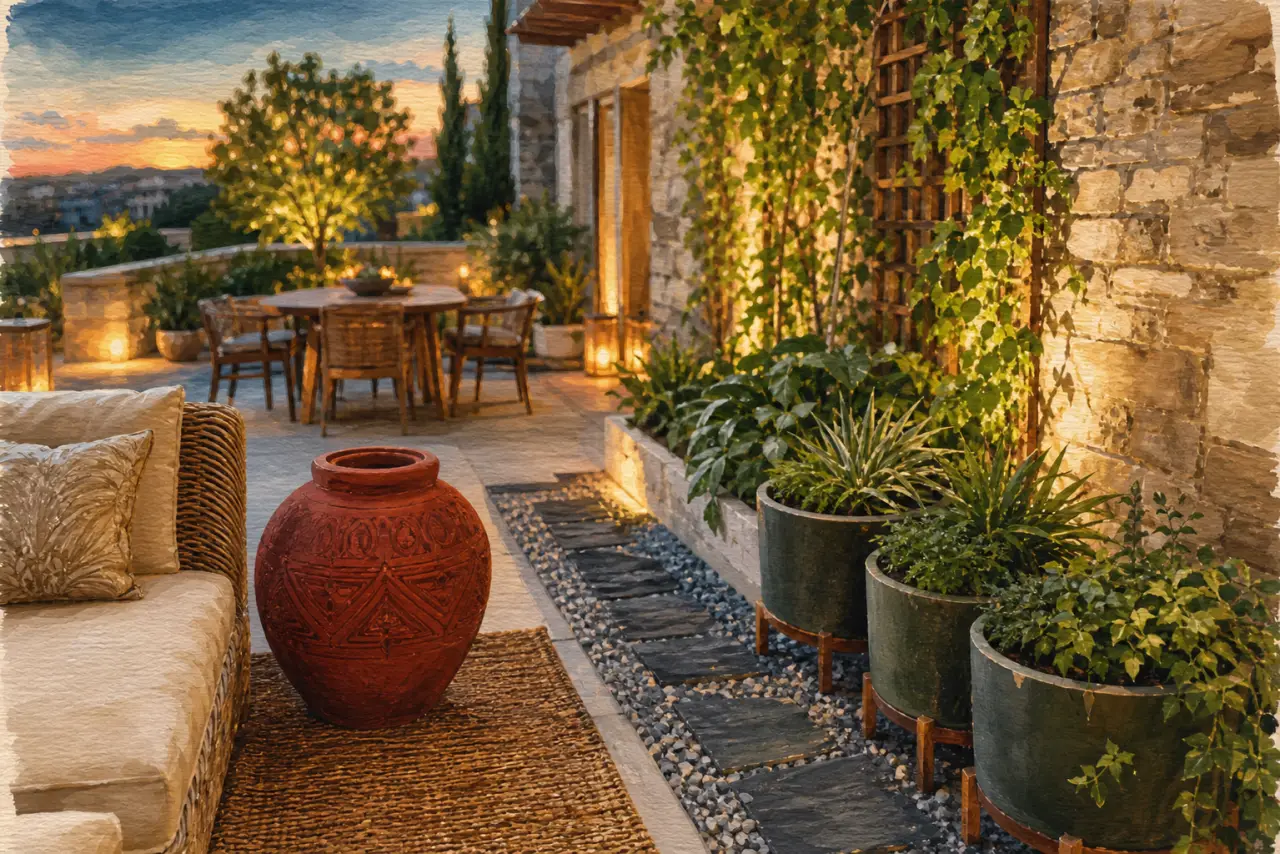 Déco pour terrasse au crépuscule : tapis, jardinières et lanternes LED