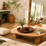Decoration interieur : salon lumineux avec tapis de jute et grand miroir