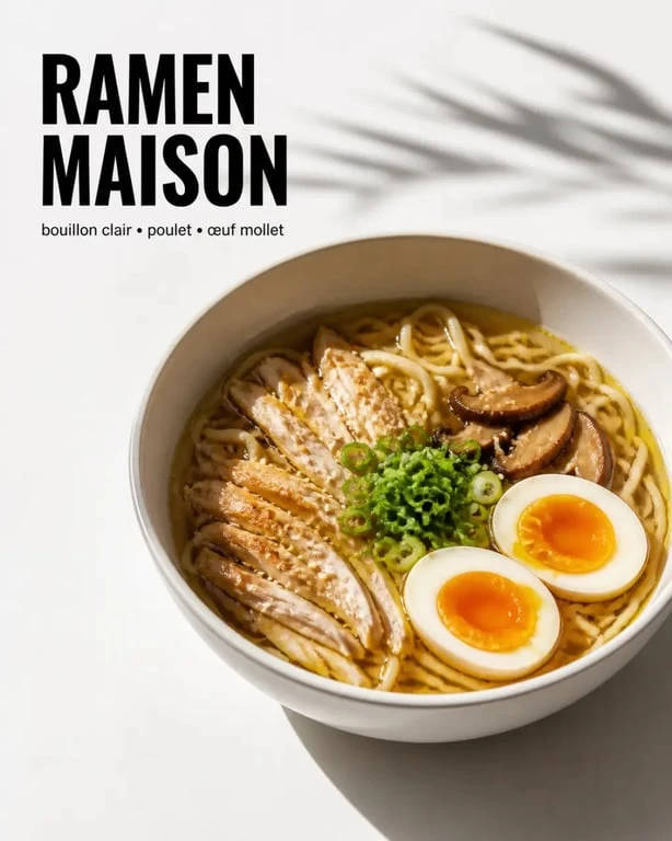 Ramen recette maison dans un bol fumant avec poulet, œuf mollet et champignons