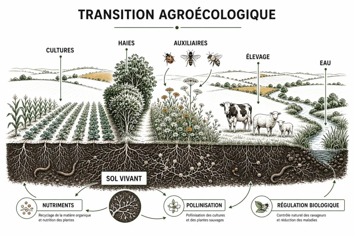 Agro ecologie : schéma des interactions entre sol, cultures, animaux, biodiversité et territoire