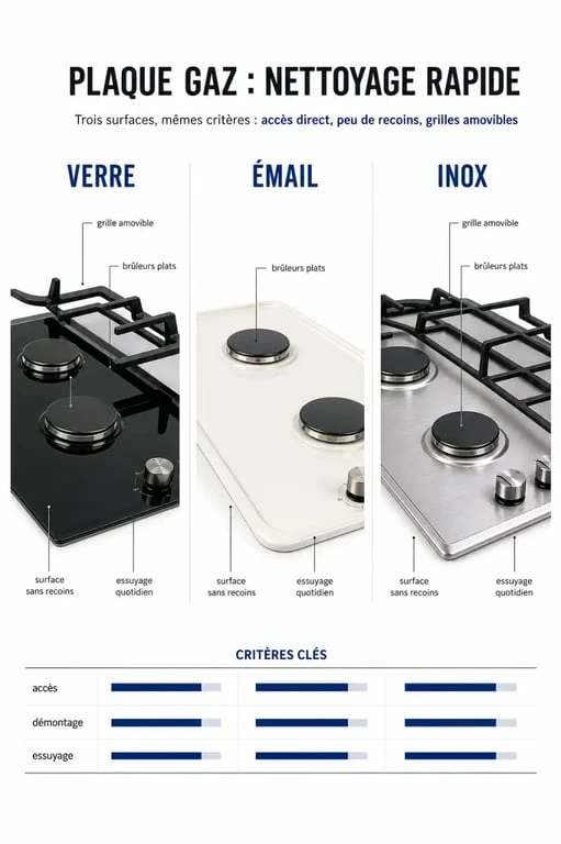 Plaque gaz facile à nettoyer : comparaison visuelle des surfaces et éléments d’entretien