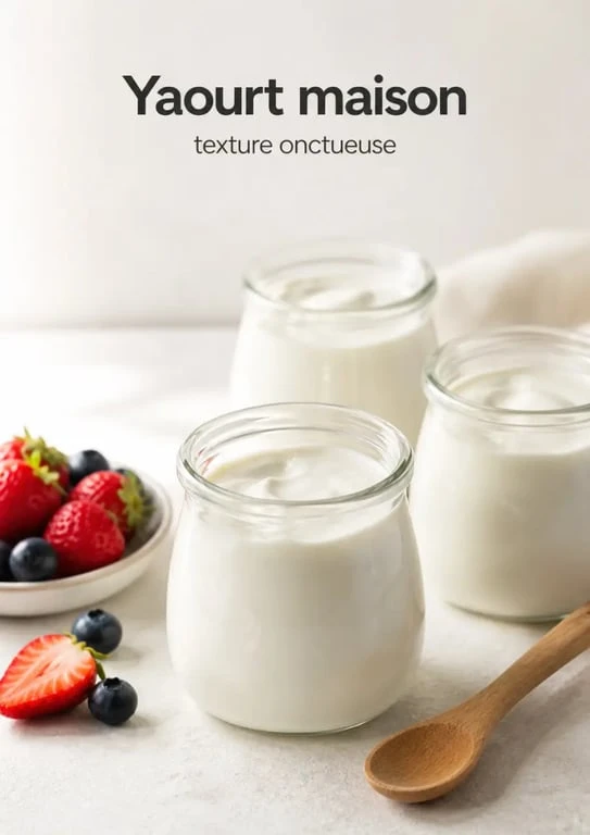 Yaourt recette maison onctueux dans des pots en verre, photo culinaire naturelle