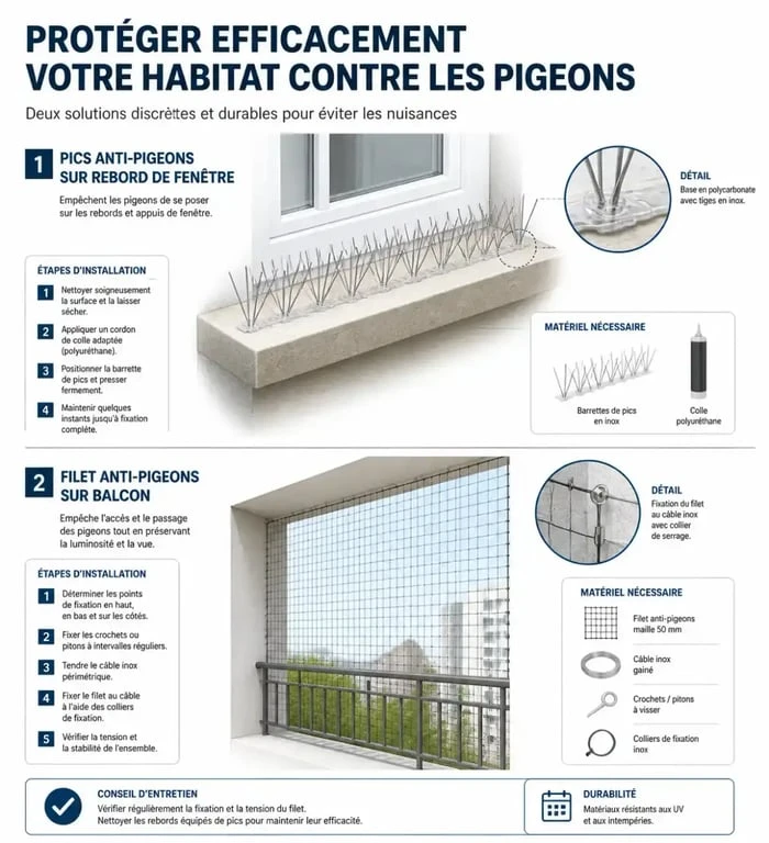 Installation de dispositifs anti-pigeons sur un balcon et une fenêtre