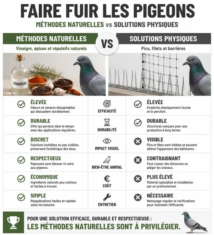 Comparatif des solutions pour faire fuir les pigeons : méthodes naturelles vs barrières physiques