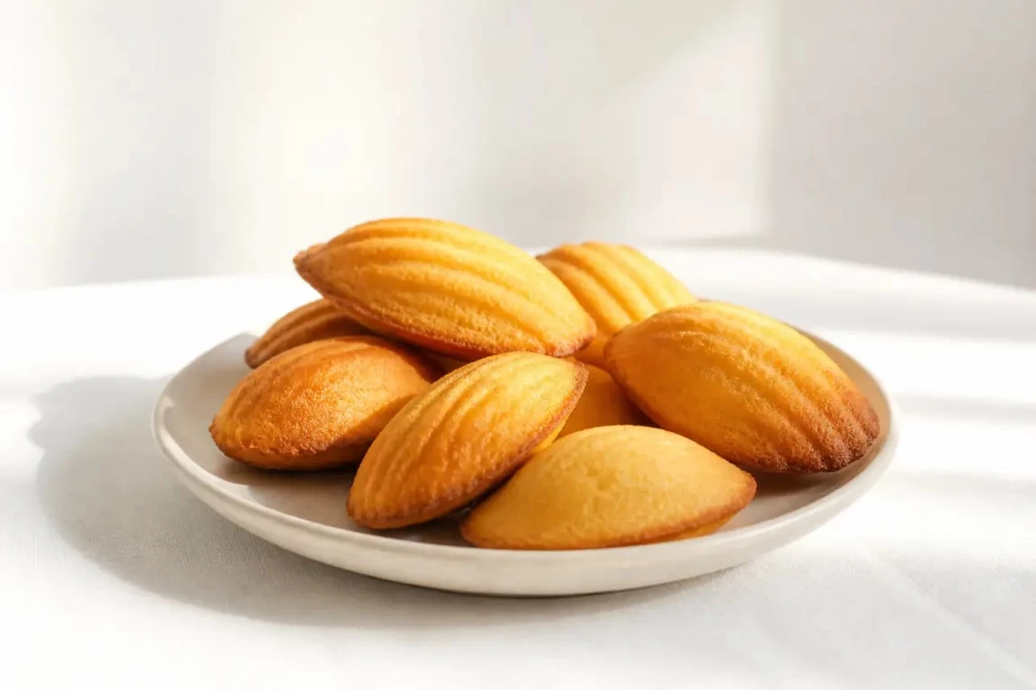 Recette pour madeleine facile : madeleines maison dorées et moelleuses sur une assiette claire