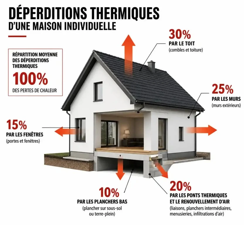 Schéma des déperditions thermiques d'une maison pour comprendre la consommation des radiateurs électriques