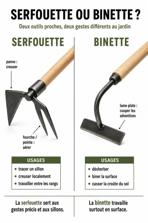 Serfouette ou binette : comparaison visuelle des formes de tête et des usages au jardin