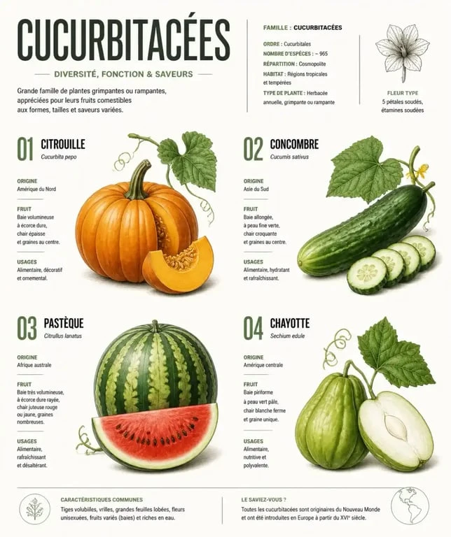 Illustration des différentes espèces de cucurbitacées liste des variétés