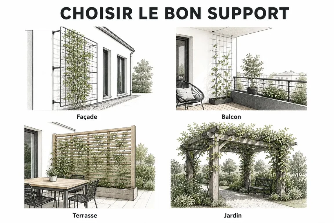 Treillis plantes grimpantes : exemples de support mural, balcon, terrasse et jardin selon le matériau