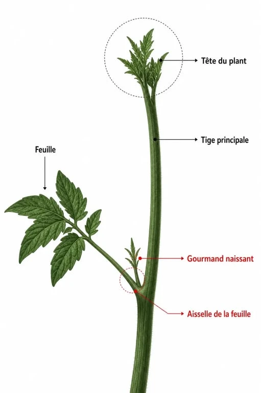 Gourmand pied de tomate : repérer la pousse à l’aisselle des feuilles et ne pas confondre avec la tête du plant
