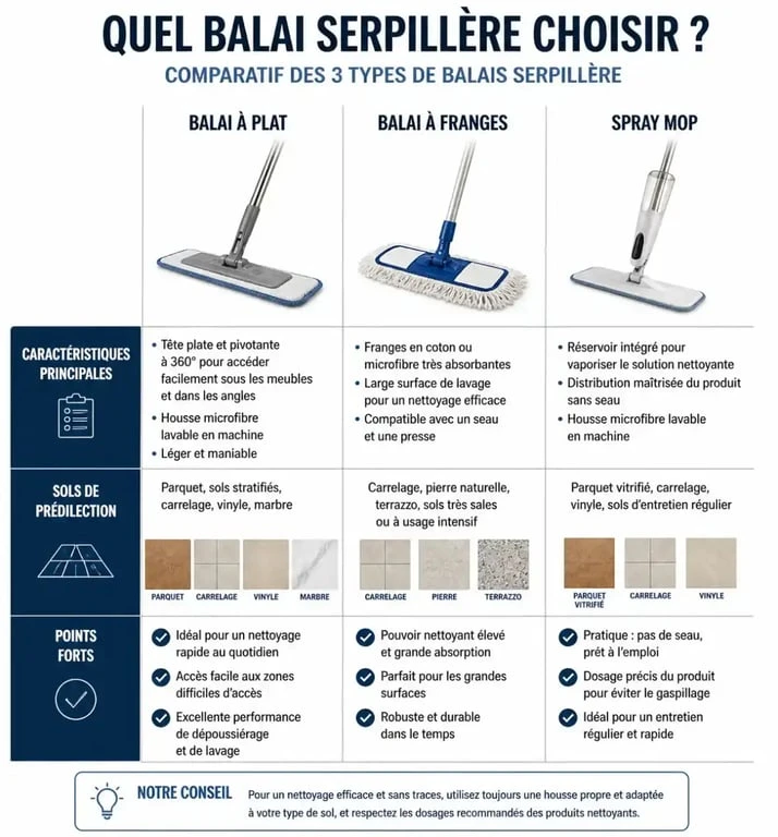 Infographie comparative des différents types de balais serpillère pour le nettoyage des sols