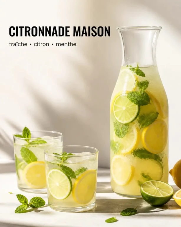 Recette citronnade maison servie très fraîche dans une carafe avec citrons et menthe