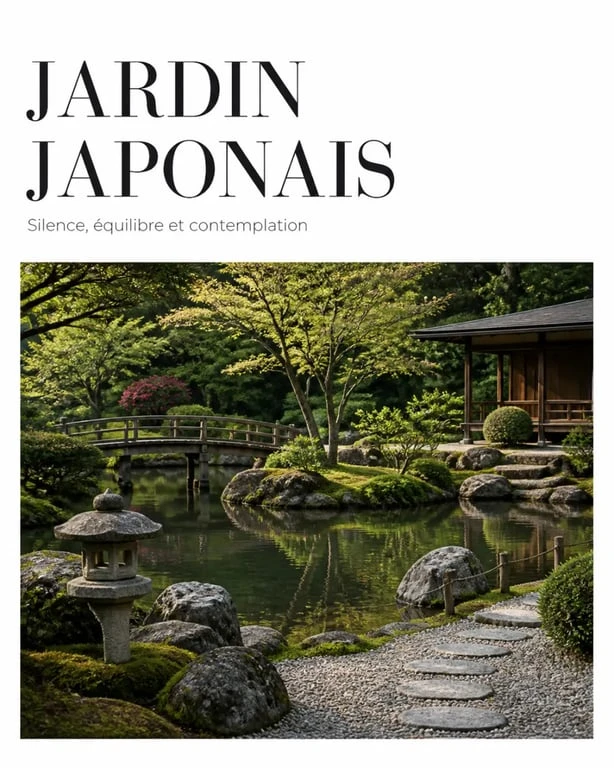 Jardin japonais avec bassin, rochers, érable du Japon et pont de bois