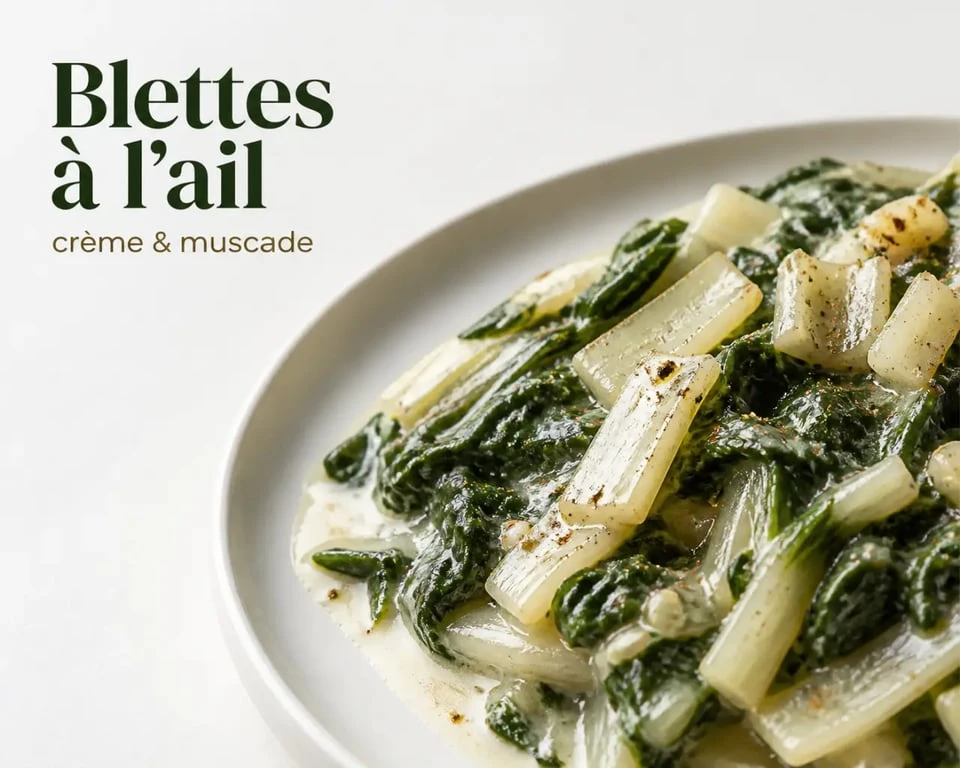 Blettes cuisson : poêlée de blettes à l’ail, crème et muscade servie dans une assiette blanche