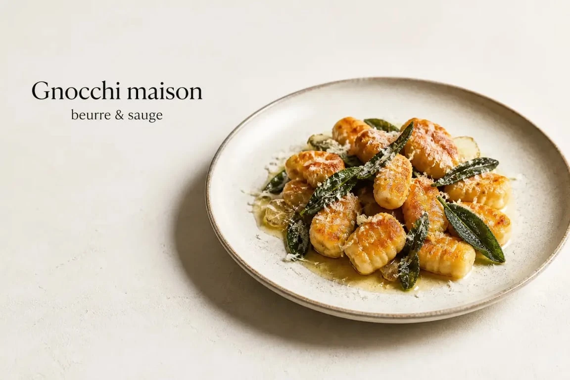 Recette gnocchi maison servie dans une assiette avec beurre, sauge et parmesan