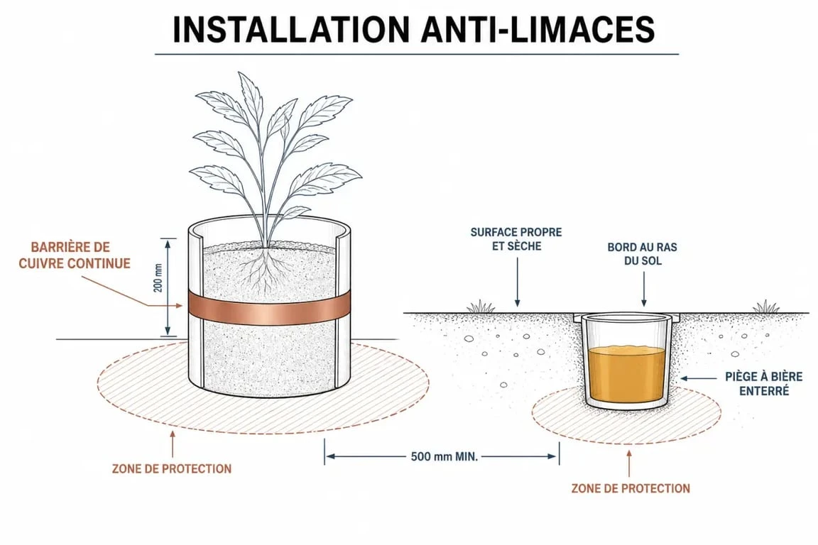 Schéma d'installation d'un répulsif naturel limace au potager