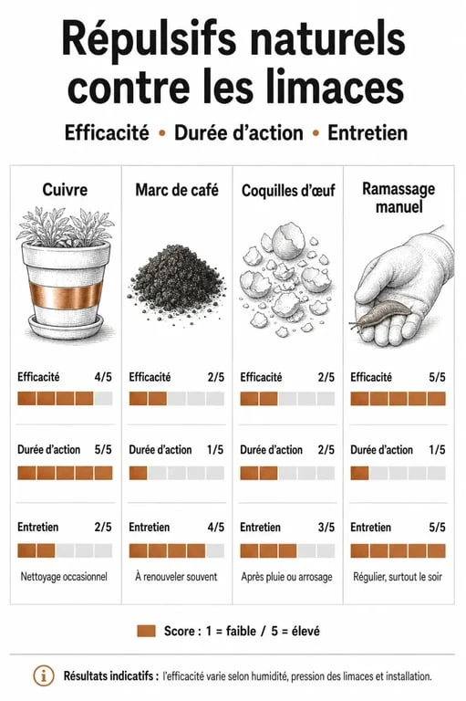 Tableau comparatif des méthodes de répulsif naturel limace pour le jardin