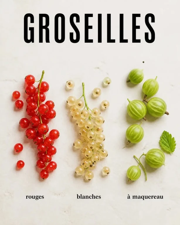 Différentes variétés de groseilles : grappes rouges, blanches et à maquereau