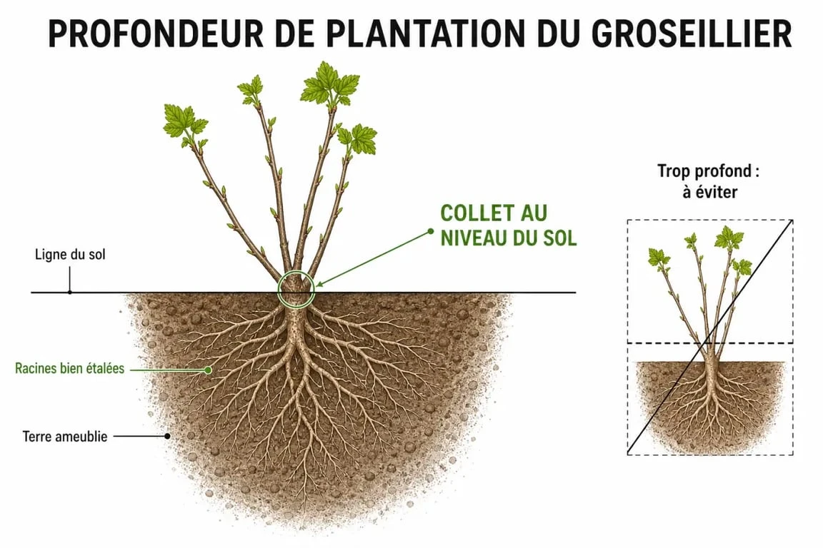Schéma de plantation d'un groseillier montrant la profondeur du collet