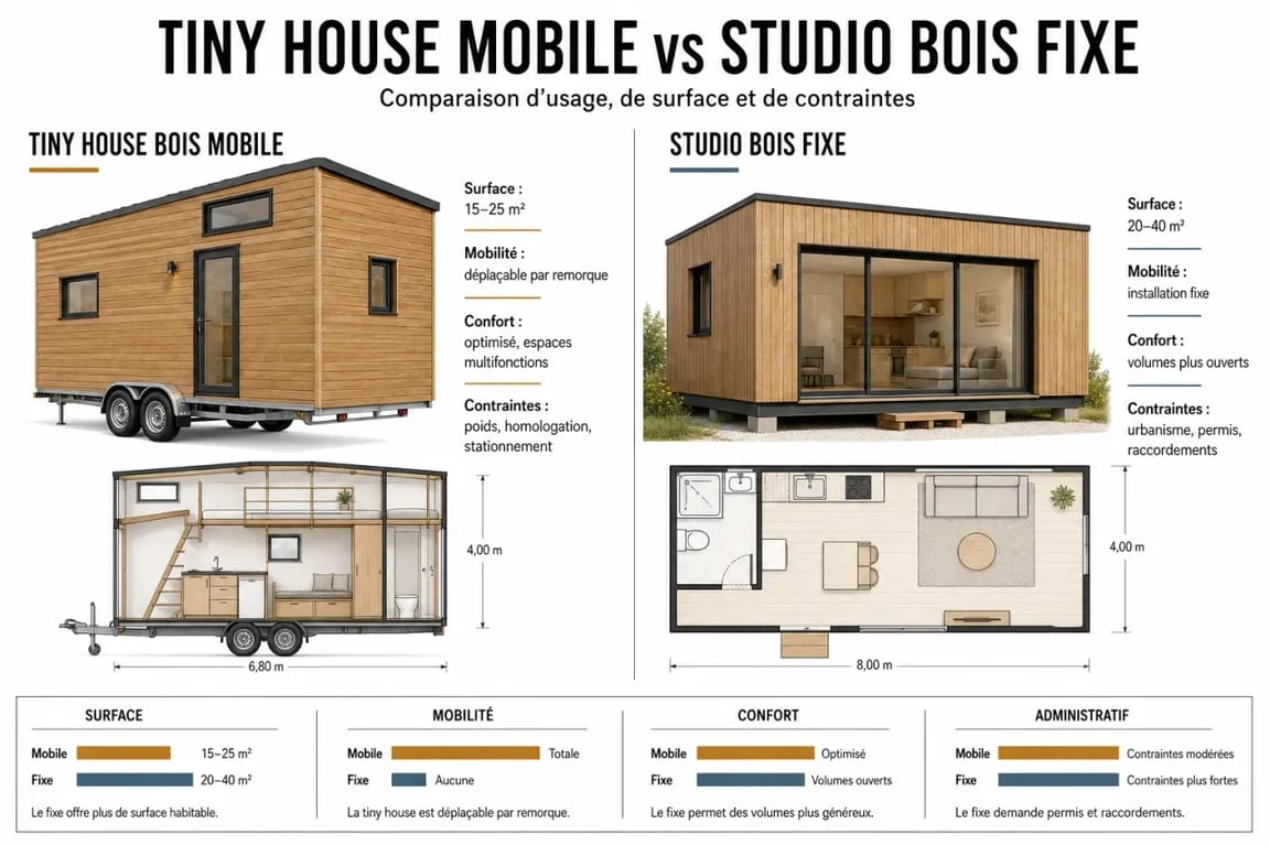Tiny house bois : comparaison visuelle entre modèle mobile sur roues et studio bois fixe