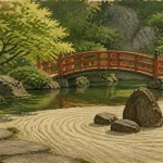 Jardin japonais, pierre et eau avec pont rouge