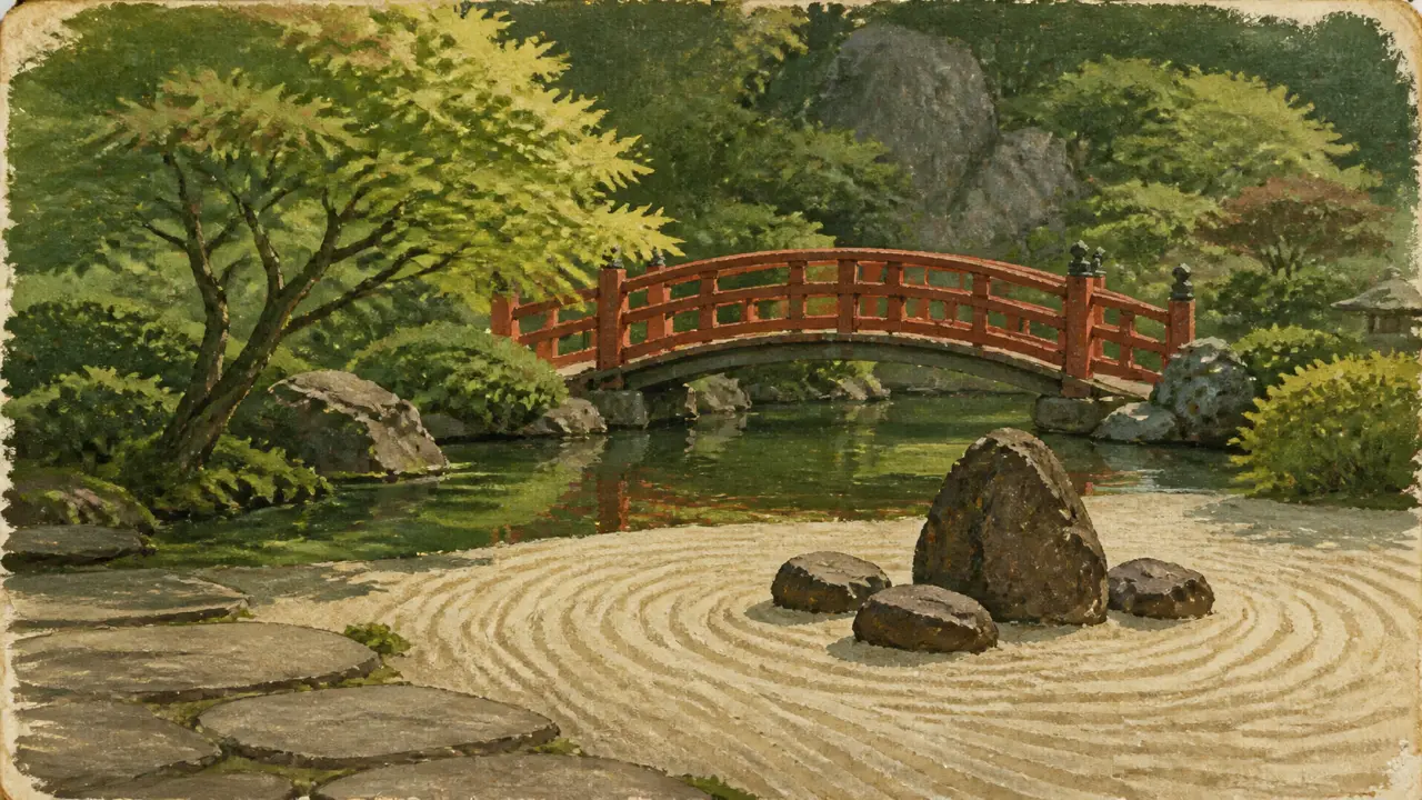 Jardin japonais, pierre et eau avec pont rouge