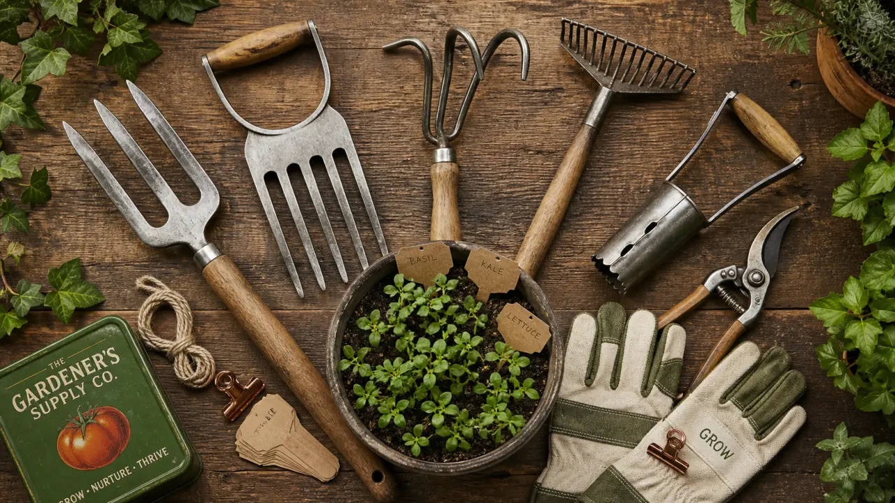 Outils du jardinier : bêche, sécateur et plantoir à bulbe en potager