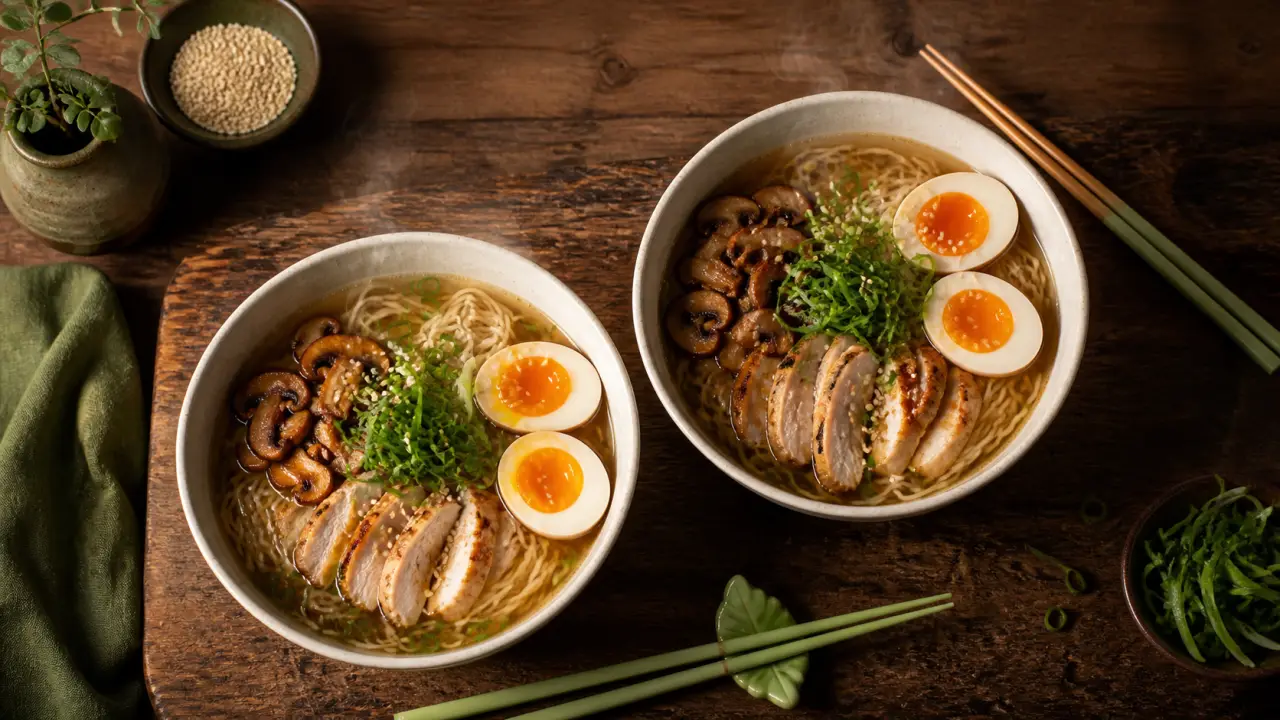 Ramen recette facile : bol maison bouillon fumant, poulet et œufs