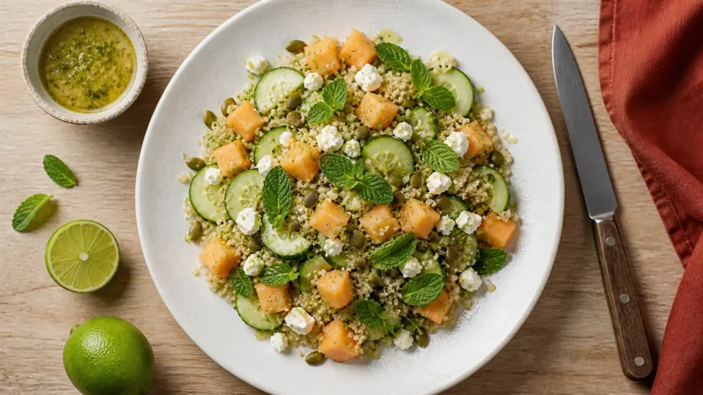 Salade composée facile et originale : quinoa, feta et melon pour un repas complet
