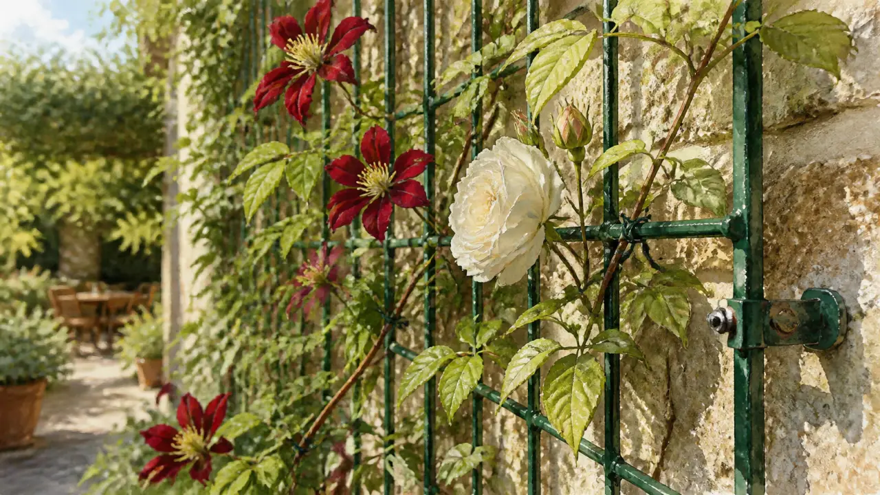 Treillis plantes grimpantes en métal sur mur en pierre, clématite et rosier grimpant