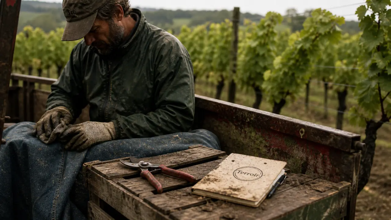 Viticulture : viticulteur au travail, outils et gants, rangs de vignes en arrière-plan