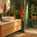Decoration de salle bain : lavabo ordonné, miroir arrondi, carrelage vert profond