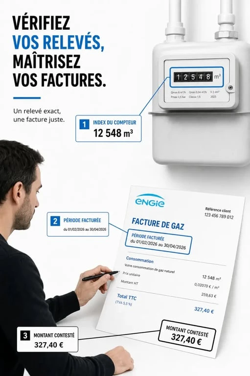 Facture gaz trop élevée Engie : vérification de l’index compteur, de la période facturée et du montant contesté