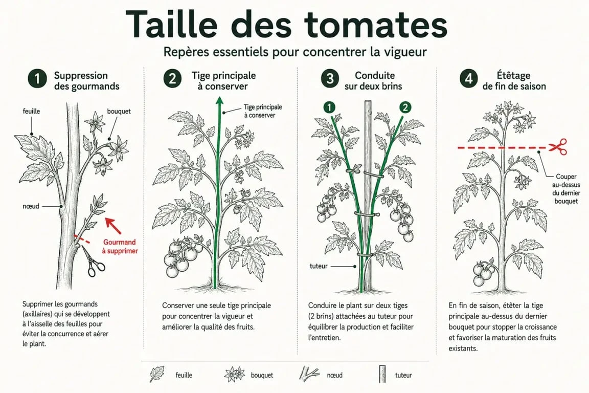 Schéma taille tomate : où couper, quoi conserver et quand intervenir