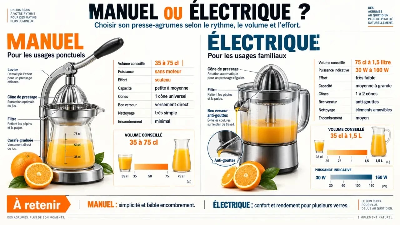 Infographie comparative pour choisir un presse-agrumes manuel ou électrique